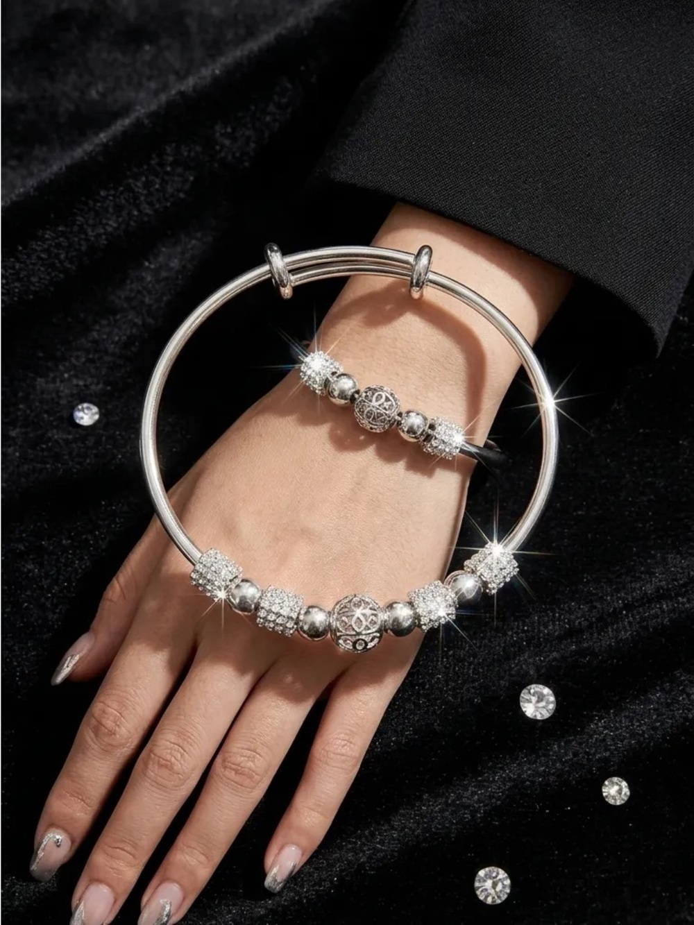 925 Sterling Silver Beaded Charm Bangle Bracelet - Timeless Women's Jewelry